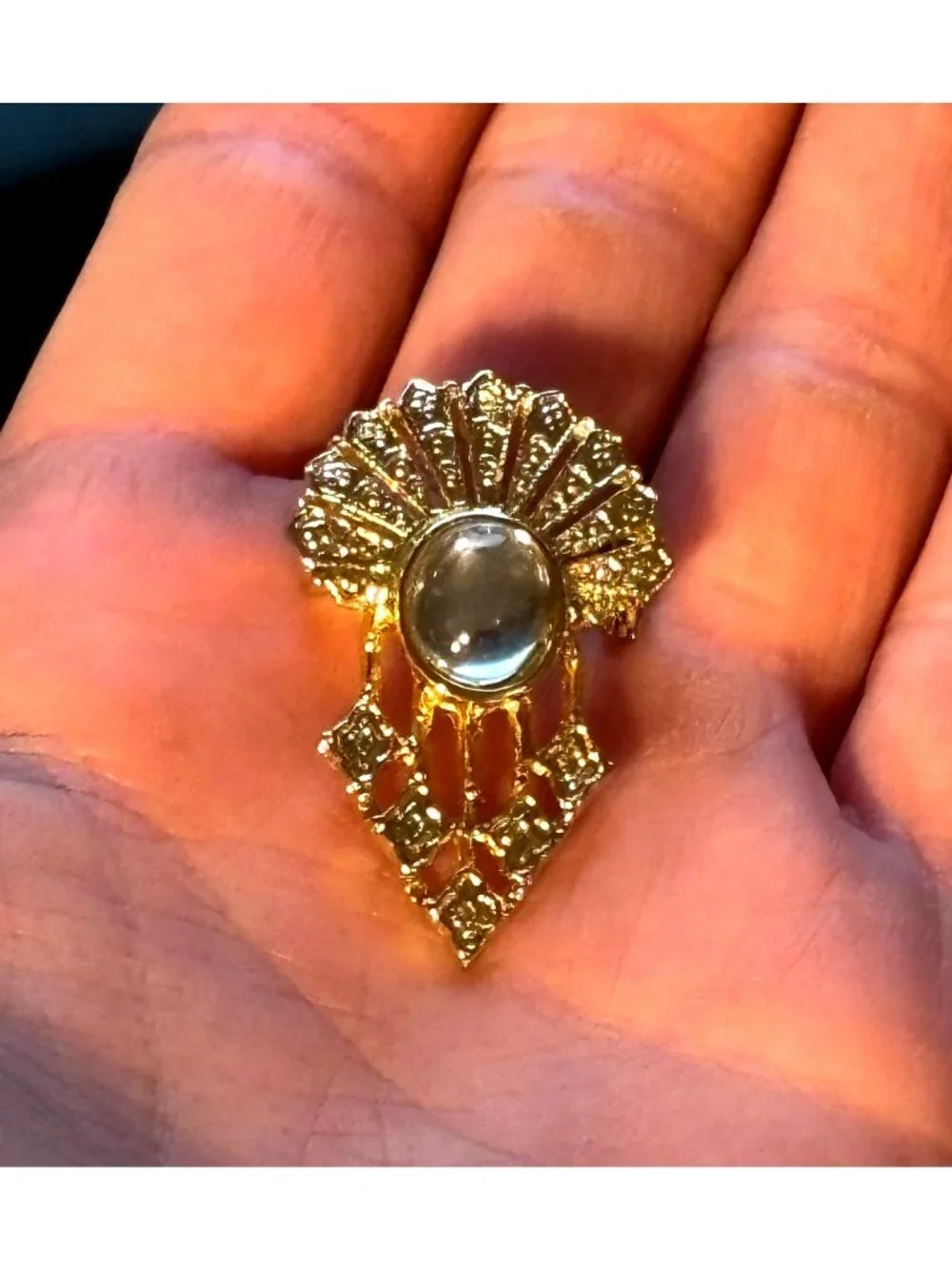 Vintage Art Deco Revival Brooch Mid Century Gold Sunburst Jelly Cabochon Pin MCM